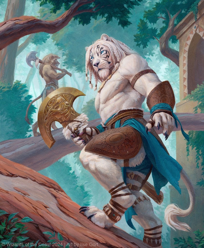 anthro armor axe biped bracers braided_hair digitigrade duo feet hair hindpaw jewelry leather leather_armor leglet looking_at_viewer male male_anthro muscular muscular_anthro muscular_male necklace outside paws plant tree weapon caraid hasbro magic:_the_gathering wizards_of_the_coast ajani_goldmane catfolk felid leonin lion mammal pantherine 2024 acrylic_painting_(artwork) hi_res official_art painting_(artwork) traditional_media_(artwork)