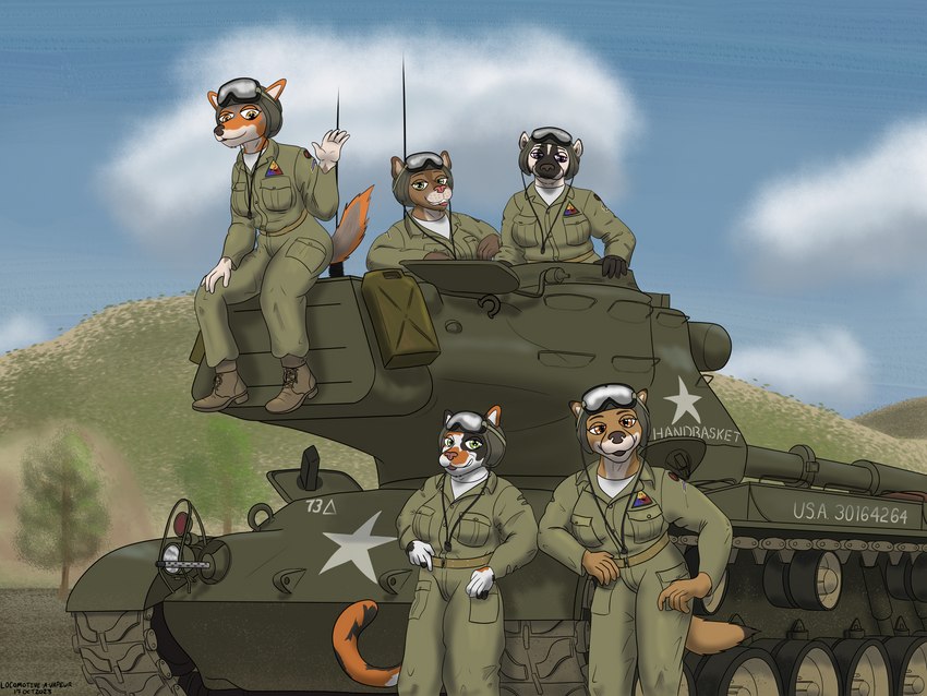 anthro black_body black_fur black_nose boots brown_body brown_fur clothing cloud eyewear eyewear_on_head female footwear fur gesture goggles goggles_on_head green_eyes green_paint group hill jerrycan korean_war looking_at_viewer m1919 m47_patton military military_uniform orange_body orange_eyes orange_fur paint pink_nose plant purple_eyes shoes smile tan_body tan_fur tank tanker_helmet teeth text tree uniform vehicle waving white_body white_fur panzerschreckleopard carol_shepherd american_badger badger calico_cat canid canine canis coyote domestic_cat felid feline felis mammal mustelid musteline red_wolf wolf 2023 4:3 absurd_res hi_res huge_filesize