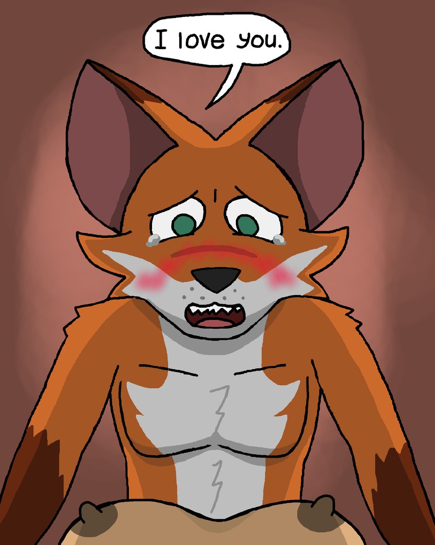 1940s_theme anthro blush bodily_fluids breasts crying dialogue duo female female_pov first_person_view i_love_you male male/female nipples nude pecs snout tears tears_of_joy text myaxy annabelle_o'malley terrence_grant canid canine fox mammal 4:5 absurd_res comic hi_res