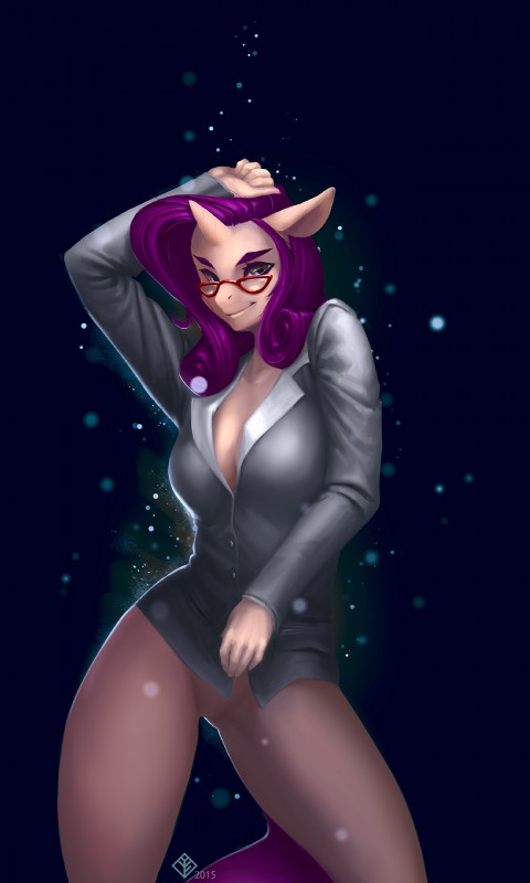 anthro anthrofied arm_above_head big_breasts breasts cleavage clothed clothing cocked_hip eyewear female genitals glasses hair hand_on_head horn long_hair looking_at_viewer nipples purple_eyes purple_hair pussy simple_background smile solo white_body white_skin eosphorite friendship_is_magic hasbro my_little_pony mythology rarity_(mlp) equid equine mammal mythological_creature mythological_equine unicorn 2015 3:5 hi_res