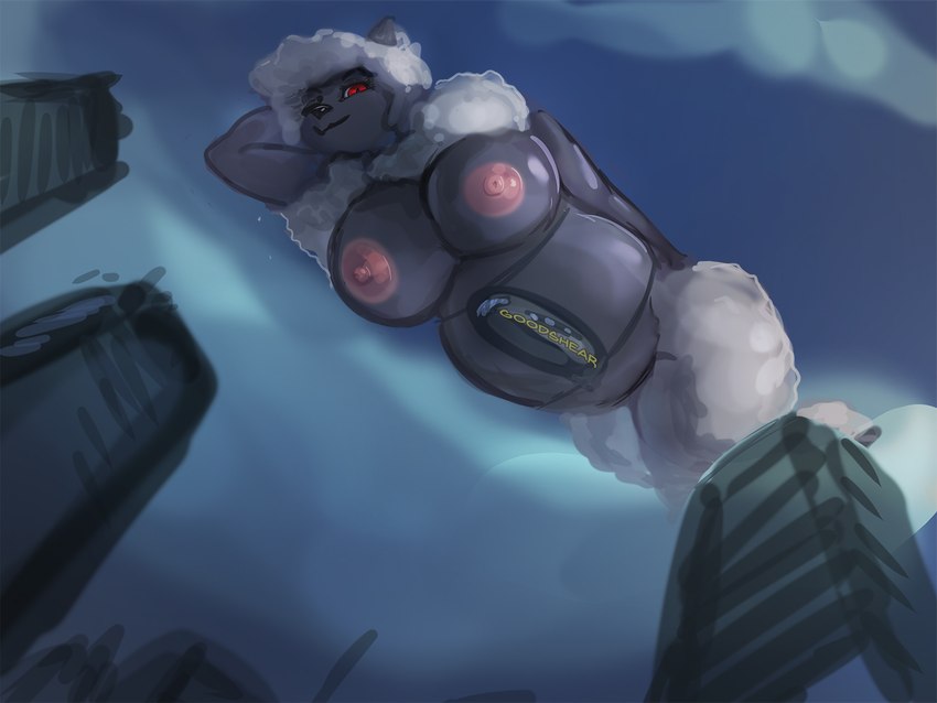 aircraft airship anthro big_breasts breasts cloud day female floating fur looking_at_viewer low-angle_view macro nipples outside red_eyes smile solo text vehicle what white_body white_fur white_wool wool_(fur) general-irrelevant bovid caprine mammal sheep 2021 4:3 digital_media_(artwork) english_text