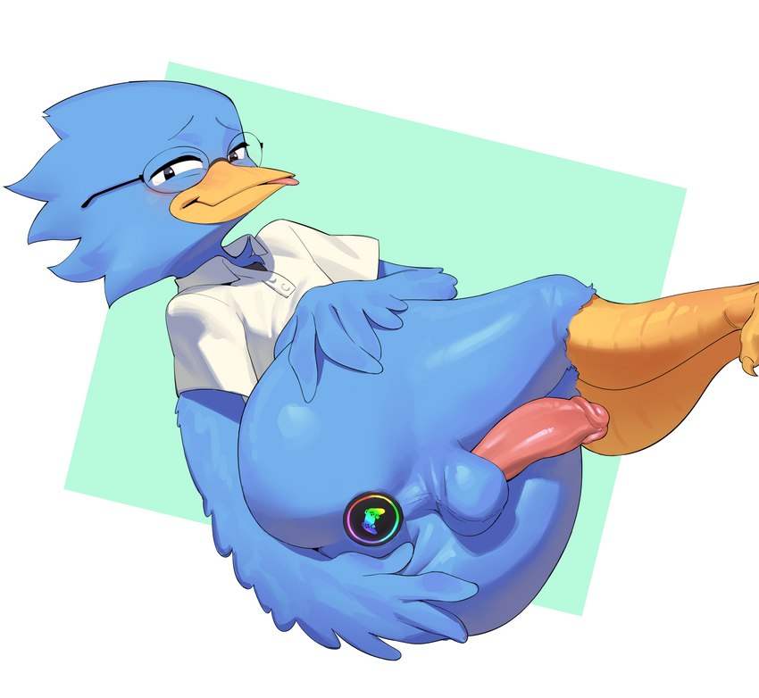 abstract_background anal anal_masturbation anal_penetration anthro avian_feet backsack balls beak blep blue_balls blue_body blue_feathers blue_perineum blush blush_lines bottomless butt butt_focus buttplug buttplug_in_ass buttplug_insertion chest_tuft clothed clothing collared_shirt controller erection eyewear feather_tuft feathers feet fingers game_controller genitals glasses hand_on_butt hand_on_own_butt looking_at_viewer lying male masturbation narrowed_eyes object_in_ass on_side penetration penis perineum pink_penis plug_(sex_toy) plug_insertion presenting presenting_hindquarters sex_toy sex_toy_in_ass sex_toy_insertion shirt shirt_only simple_background smile solo talons toes tongue tongue_out topwear topwear_only tuft wings yellow_beak athosart deltarune undertale_(series) berdly avian bird absurd_res hi_res