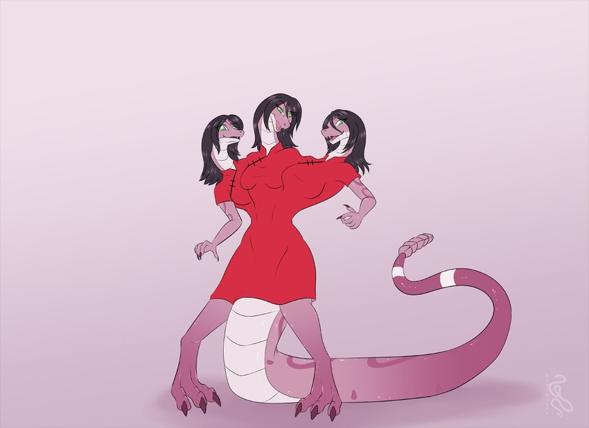 anthro barefoot breasts clothed clothing digitigrade dress feet female mitosis multi_body_growth multi_head open_mouth pink_body pink_scales red_clothing red_dress scales simple_background solo standing tail sepisnake european_mythology greek_mythology mythology hydra scalie 2022 digital_media_(artwork)