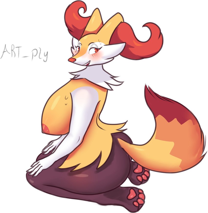 anthro big_breasts blush breasts female looking_at_viewer nipples pawpads red_eyes smile solo wide_hips artply nintendo pokemon braixen canid generation_6_pokemon mammal pokemon_(species) hi_res