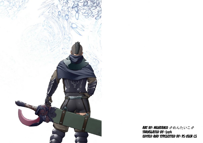 abstract_background armor belt boots bottomwear butt clothed clothing footwear gauntlets gloves grey_hair hair handwear male melee_weapon not_furry pants plantigrade shoes short_hair simple_background solo standing sword text weapon mentaiko human mammal comic english_text