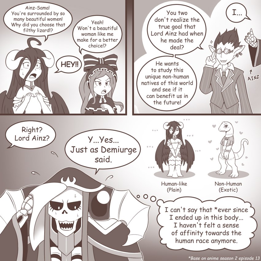 anthro big_tail blush bodily_fluids bone dialogue female flat_chested heart_symbol long_tail male male/female skeleton speech_bubble sweat tail tapering_tail text thick_tail vavacung overlord_(series) ainz_ooal_gown albedo_(overlord) crusch_lulu demiurge_(overlord) shalltear_bloodfallen demon human humanoid lizard lizardman lizardman_(overlord) mammal reptile scalie succubus undead vampire 1:1 comic english_text hi_res monochrome