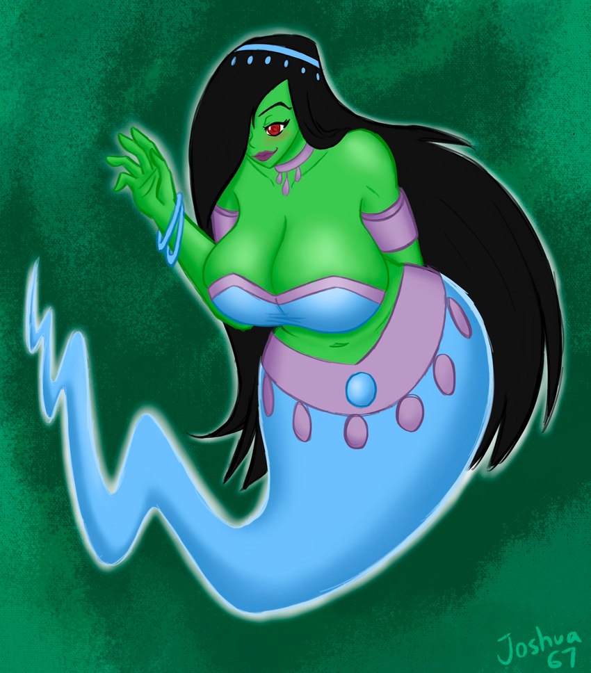 big_breasts black_hair blue_bottomwear blue_clothing blue_topwear bottomwear bracelet breasts cleavage clothed clothing eyelashes female ghost_tail green_background green_body hair hair_over_eye huge_breasts jewelry lipstick long_hair makeup navel necklace one_eye_obstructed purple_lipstick red_eyes simple_background solo topwear wide_hips chuchujellyart danny_phantom nickelodeon desiree_(danny_phantom) genie ghost humanoid spirit hi_res