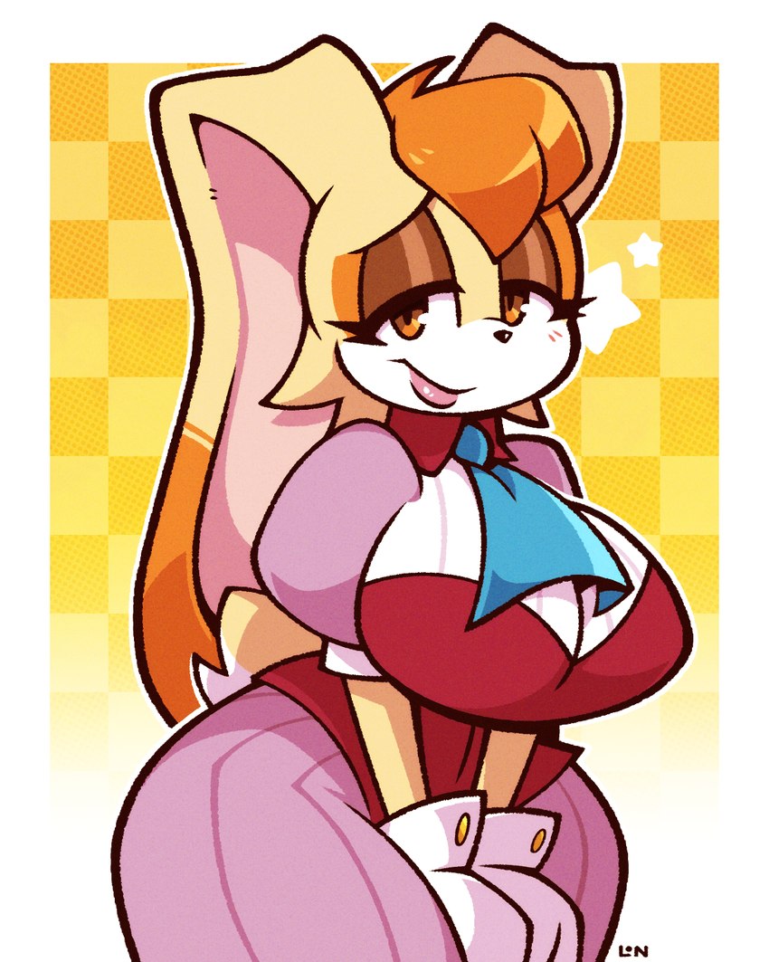 anthro big_breasts blush breasts clothing curvy_figure dress female half-closed_eyes hourglass_figure hourglass_figured_anthro hourglass_figured_female long_ears looking_at_viewer narrowed_eyes scut_tail short_tail solo star tail wide_hips legendofnerd sega sonic_the_hedgehog_(series) vanilla_the_rabbit lagomorph leporid mammal rabbit 4:5 hi_res signature