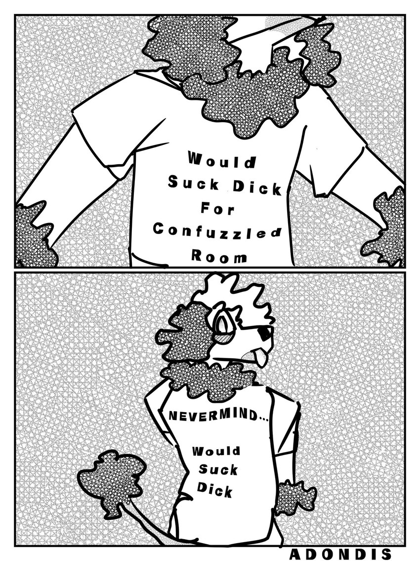 clothing floppy_ears humor male neck_tuft oral oral_invitation shirt solo text topwear tuft adondis russell_(adondis) canid canine canis domestic_dog mammal poodle 2023 comic digital_drawing_(artwork) digital_media_(artwork) english_text hi_res meme monochrome