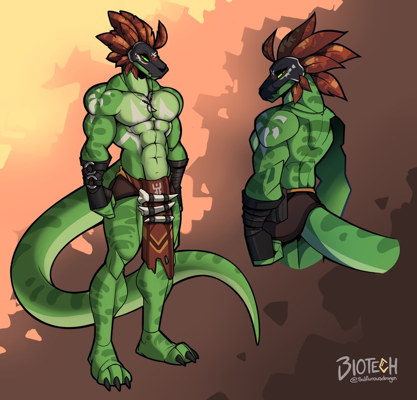 abs anthro arm_tattoo barefoot big_muscles black_clothing black_fingerless_gloves black_gloves black_handwear black_mask black_underwear bone bottomwear brown_background brown_bottomwear brown_clothing brown_loincloth chest_tattoo claws clothed clothing eyebrows eyelashes featureless_chest feet fingerless_gloves fingers fist gloves gradient_background green_body handwear jewelry loincloth looking_at_viewer looking_back looking_back_at_viewer male muscular muscular_anthro muscular_male narrowed_eyes navel pecs pendant plantigrade simple_background snout solo standing tail tapering_tail tattoo toe_claws toes topless tribal underwear yellow_sclera phosphoruscrow lizard reptile scalie 2024 absurd_res digital_media_(artwork) hi_res model_sheet multiple_images shaded signature soft_shading