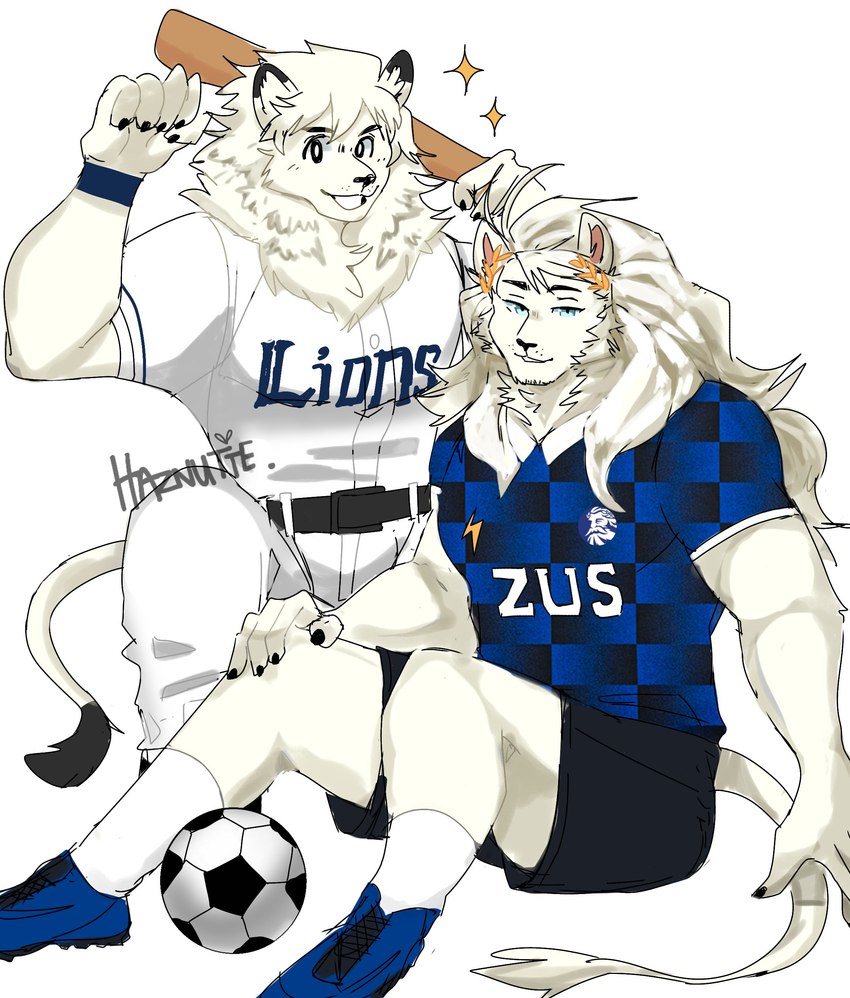 anthro ball barazoku baseball_bat baseball_uniform bat_(object) biceps biped black_bottomwear black_clothing black_ear_tips black_eyes black_shorts blue_clothing blue_eyes blue_footwear blue_shirt blue_shoes blue_topwear bottomwear cleats clothing dipstick_ears duo ear_markings footwear fur male male_anthro mascot multicolored_ears muscular muscular_anthro muscular_male pink_inner_ear shirt shoes shorts soccer_ball soccer_jersey soccer_player soccer_uniform sportswear topwear uniform white_body white_clothing white_fur white_shirt white_topwear haznutte nippon_professional_baseball saitama_seibu_lions leo_(saitama_seibu_lions) felid lion mammal pantherine 2024 absurd_res character_request hi_res