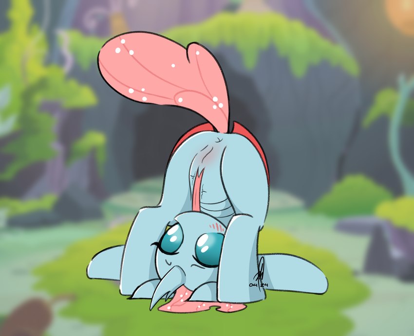 adolescent anus attempted_autocunnilingus blue_body blue_eyes blurred_background blush blush_lines butt female feral forked_tongue genitals horn pink_tail pink_tongue pussy solo tail tongue tongue_out young hopefulsparks friendship_is_magic hasbro my_little_pony ocellus_(mlp) arthropod changeling reformed_changeling 2024 cel_shading colored hi_res shaded signature