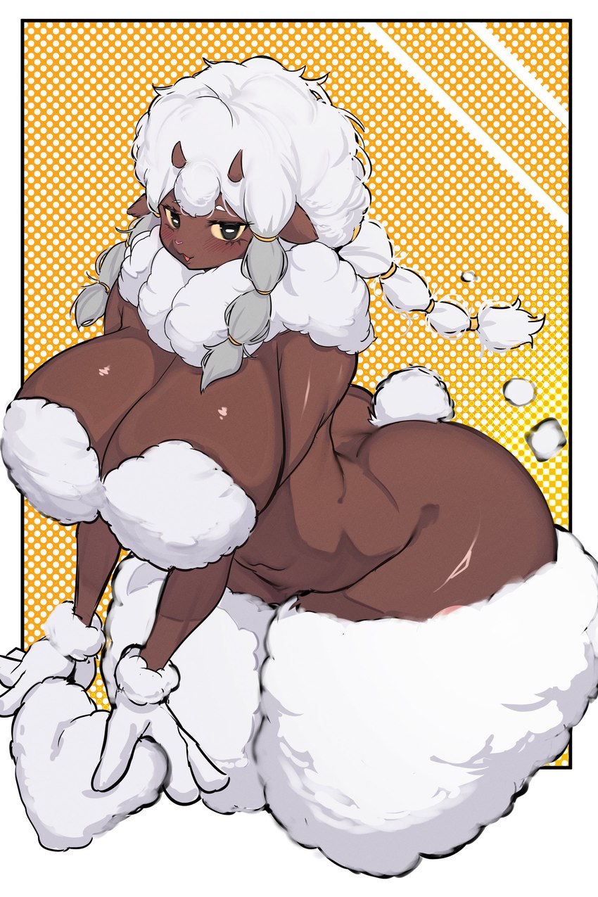 anthro big_breasts big_butt biped breasts brown_body butt female fur horn kneeling looking_at_viewer thick_thighs white_body white_fur kantan nintendo pokemon generation_8_pokemon pokemon_(species) wooloo absurd_res hi_res