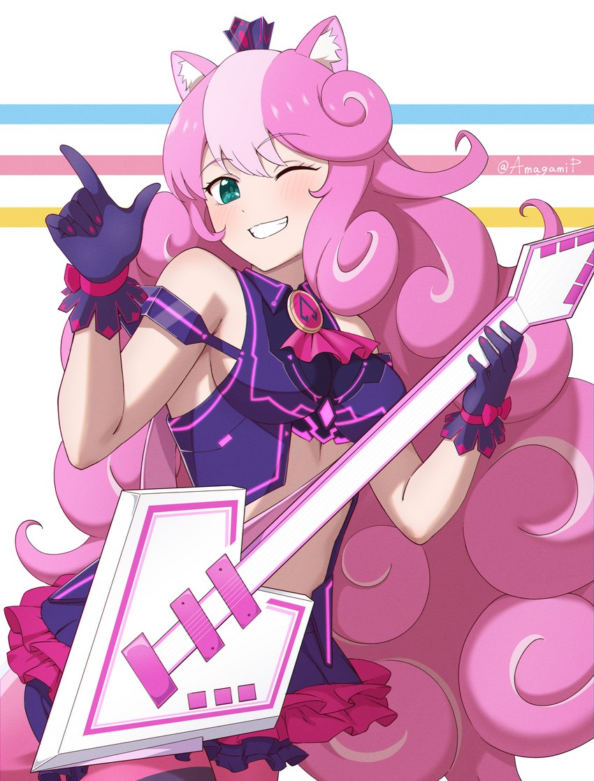 alternative_fashion blush breasts clothing crown female fluffy_ears gloves green_eyes guitar hair handwear headgear j-fashion long_hair looking_at_viewer musical_instrument one_eye_closed pink_hair plucked_string_instrument simple_background smile solo string_instrument visual_kei wink winking_at_viewer amagami_p sanrio show_by_rock!! sumomone_(show_by_rock!!) animal_humanoid cat_humanoid domestic_cat felid felid_humanoid feline feline_humanoid felis humanoid mammal mammal_humanoid absurd_res hi_res