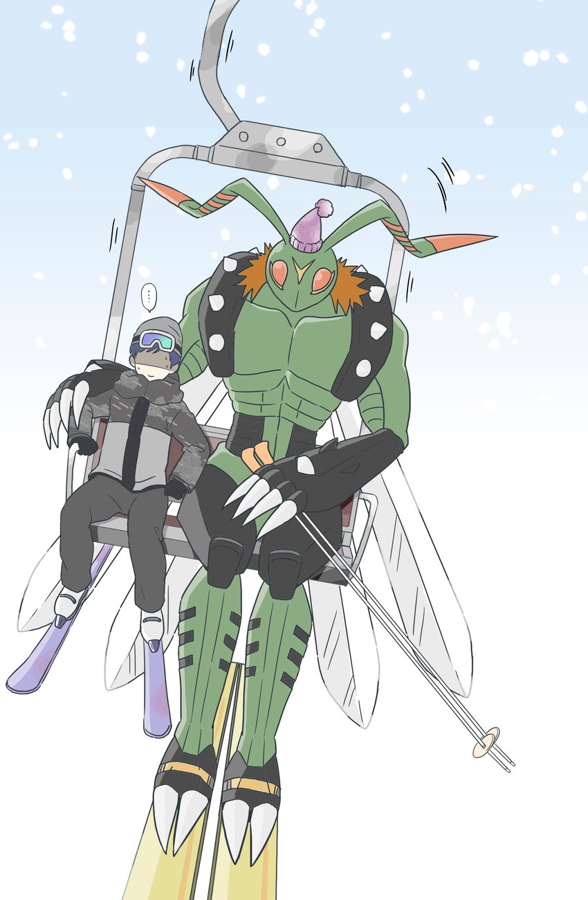 antennae_(anatomy) beanie blush clothing duo ellipsis hat headgear headwear humor male scarf ski ski_pole skiing winter gdn0522 bandai_namco digimon ken_ichijouji arthropod digimon_(species) human humanoid insect mammal stingmon hi_res