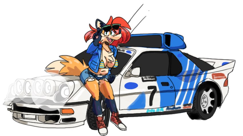 anthro big_breasts bikini bikini_top bottomwear breasts car clothing cute_fangs cutoffs daisy_dukes denim denim_bottomwear denim_clothing eyewear eyewear_on_head female footwear hair hotpants looking_at_viewer motor_vehicle race_car race_queen red_hair shirt shoes shorts sitting_on_car sitting_on_vehicle sneakers solo sunglasses sunglasses_on_head swimwear topwear two-piece_swimsuit vehicle sketchytoasty ford ford_rs200 pepper_(sketchytoasty) canid canine fox mammal hi_res