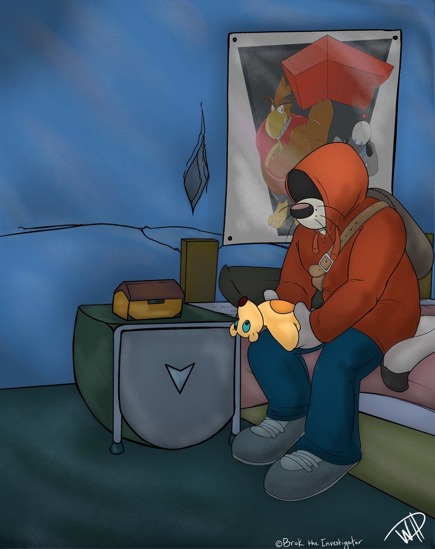 anthro bed biped bottomwear clothing detailed_background furniture grey_body hoodie inside male pants plushie sitting solo topwear wolfdogf brok_the_investigator cowcat_games graff_filsh domestic_cat felid feline felis mammal 2023 absurd_res hi_res