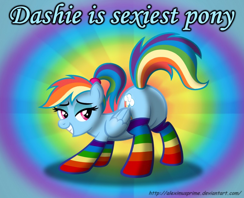 blue_body blue_feathers blue_fur blush butt clothing cutie_mark feathered_wings feathers female feral fur hair legwear multicolored_hair multicolored_tail ponytail rainbow_hair rainbow_tail solo stockings tail wings aleximusprime friendship_is_magic hasbro my_little_pony mythology rainbow_dash_(mlp) equid equine mammal mythological_creature mythological_equine pegasus hi_res