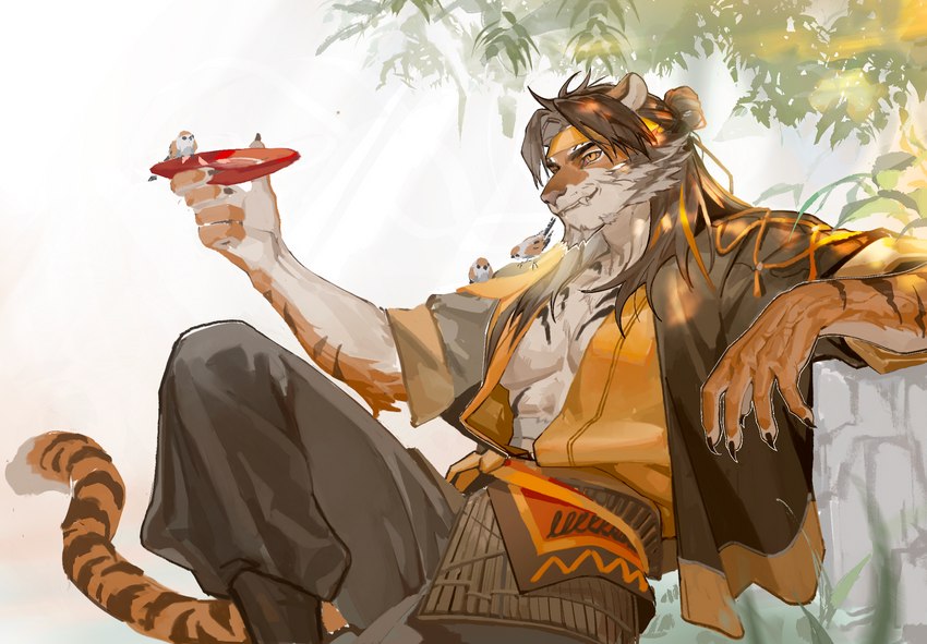 accessory alcohol anthro beverage hair headband long_hair male plant sake sake_dish simple_background sitting solo tree white_background yellow_eyes yellow_headband linke arknights hypergryph studio_montagne huai_tianpei_(arknights) avian bird felid mammal pantherine tiger hi_res