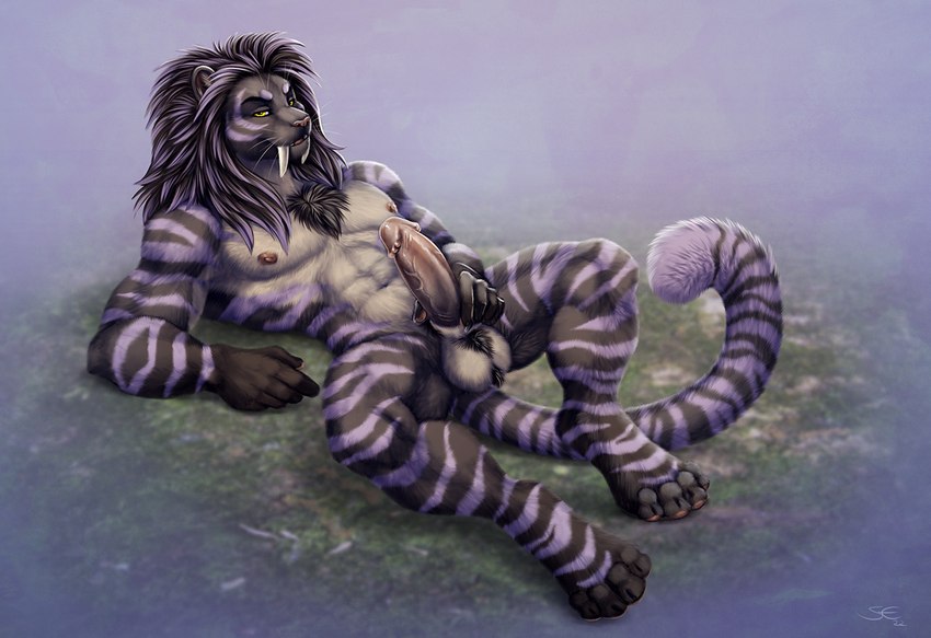 4_toes 5_fingers abs anthro athletic athletic_anthro athletic_male balls blue_stripes chest_tuft claws digitigrade erection fangs feet finger_claws fingers fur genitals hair hindpaw humanoid_hands looking_at_viewer lying male navel nipples nude on_back paws penis purple_body purple_fur purple_hair sabertooth_(anatomy) solo striped_body striped_fur stripes teeth toe_claws toes tuft whiskers sabretoothed_ermine alexander_(gasaraki2007) felid hybrid liger lion mammal pantherine prehistoric_species saber-toothed_tiger 2022 digital_media_(artwork) signature