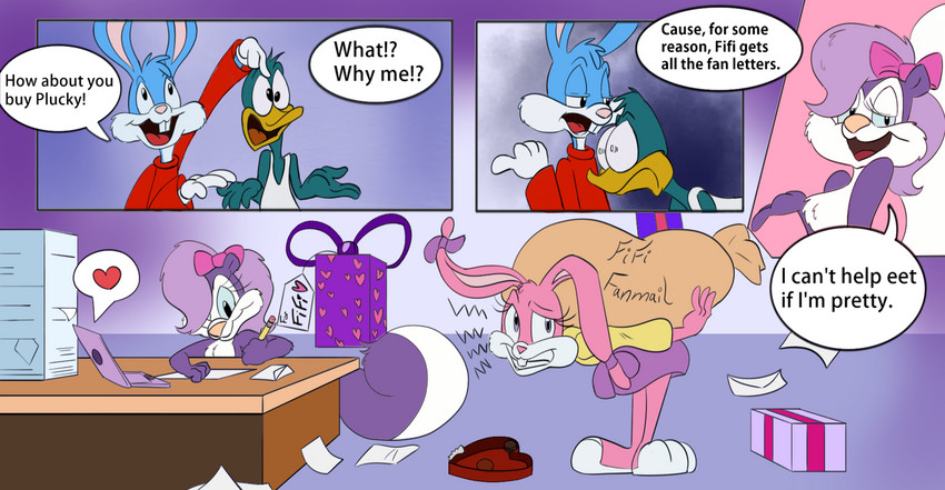 accessory anthro bag bow_(feature) bow_accessory bow_ribbon buckteeth computer dialogue electronics female gift group hair_accessory hair_bow hair_ribbon heart_symbol laptop letter male ribbons teeth text solratic tiny_toon_adventures warner_brothers babs_bunny buster_bunny fifi_la_fume plucky_duck anatid anseriform avian bird duck lagomorph leporid mammal mephitid rabbit skunk comic english_text hi_res