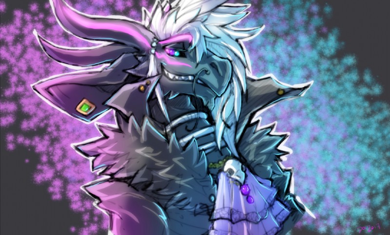 anthro black_body black_scales blue_eyes clothed clothing eastern formal glowing glowing_eyes hair hextail horn male scales sharp_teeth simple_background solo teeth white_hair mythology dragon mythological_creature mythological_scalie scalie