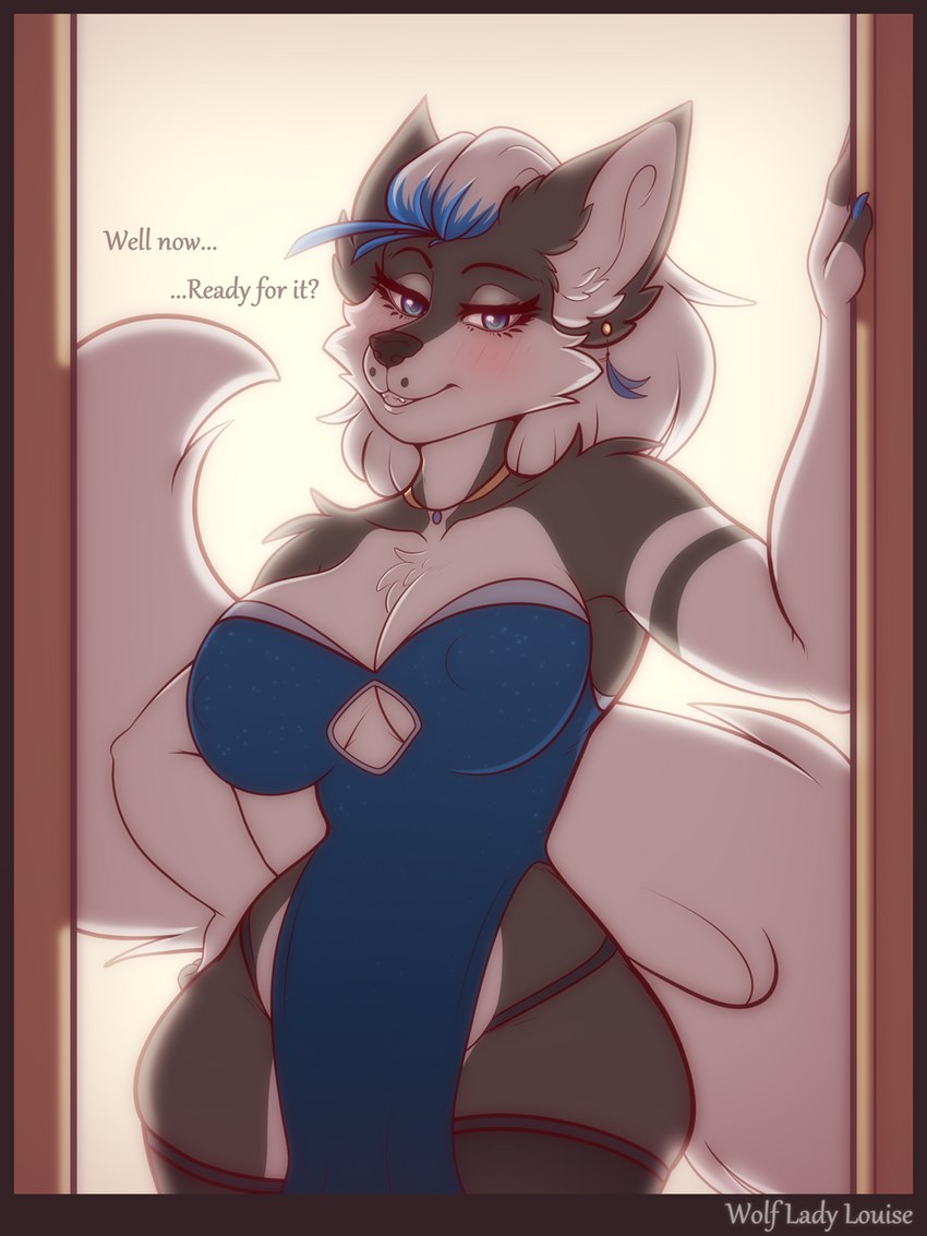 anthro blue_eyes blush breasts clothed clothing dress ear_piercing facial_piercing feather_ear_ring female fur grey_body grey_fur hair lip_piercing piercing smile solo text white_hair wolfladylouise kida_howlette_(character) canid canine canis mammal wolf 3:4 english_text hi_res