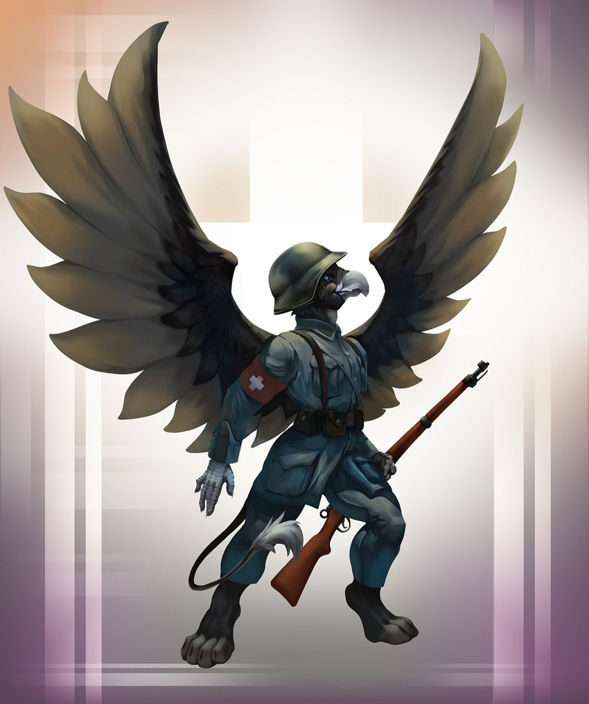 anthro beak black_eyes clothing feathers gradient_background gun male military military_clothing military_helmet military_uniform pouch_(anatomy) pouch_purse ranged_weapon red_cross rifle simple_background solo switzerland uniform weapon wings world_war_2 thepimpartist mythology griphass avian gryphon mythological_avian mythological_creature 2018 hi_res traditional_media_(artwork)