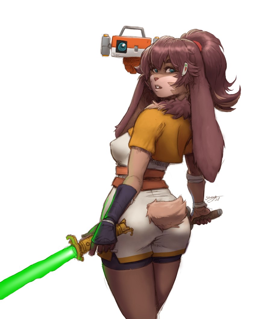 anthro blue_eyes breasts brown_body brown_fur brown_hair butt clothed clothing dual_wielding duo eyebrows eyelashes female floppy_ears fur green_lightsaber hair holding_object holding_weapon lightsaber long_ears looking_at_viewer looking_back looking_back_at_viewer machine medium_breasts melee_weapon narrowed_eyes neck_tuft nipple_outline ponytail scut_tail short_tail side_boob simple_background tail tan_body tan_fur tuft weapon white_background sanny star_wars star_wars_visions lop_(star_wars_visions) td-4 lagomorph lepi leporid mammal rabbit robot 2023 hi_res