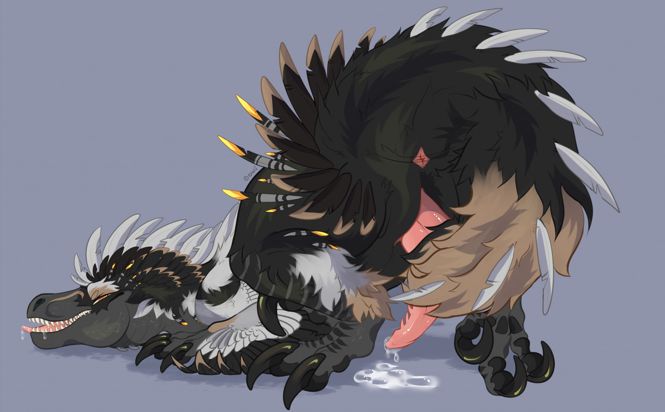 all_fours animal_genitalia anus autotailjob black_body black_claws black_feathers bodily_fluids brown_body brown_feathers claws cum erection feathers feral genital_fluids genital_slit genitals male male_feral masturbation multicolored_body narrowed_eyes orange_eyes penis pink_anus pink_penis saliva sharp_teeth simple_background solo tail tail_around_penis tail_fetish tail_masturbation tail_play teeth tongue tongue_out white_body white_feathers owishka dinosaur dromaeosaurid feathered_dinosaur feathered_scalie prehistoric_species reptile saurischian scalie theropod hi_res