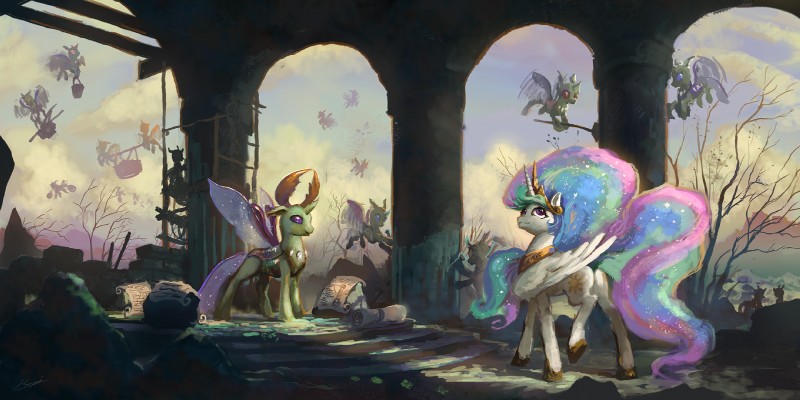 ambiguous_gender cutie_mark day detailed_background duo eyelashes feathered_wings feathers female feral fur group hair hooves horn multicolored_hair purple_eyes sky standing white_body white_feathers white_fur wings huussii friendship_is_magic hasbro my_little_pony mythology princess_celestia_(mlp) thorax_(mlp) arthropod changeling equid equine mammal mythological_creature mythological_equine winged_unicorn 2:1 hi_res