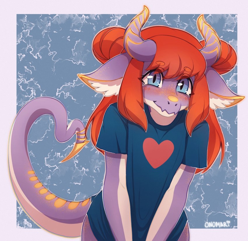 anthro bangs blue_clothing blue_eyes blue_shirt blue_topwear blush border bottomless clothed clothing female hair heart_symbol horn inner_ear_fluff looking_at_viewer orange_hair outside_border pattern_background purple_body purple_scales scales shirt simple_background solo tail topwear tuft white_border white_inner_ear_fluff onomari mythology dara_(onomari) dragon mythological_creature mythological_scalie scalie artist_name half-length_portrait hi_res portrait nonbinary_(lore)