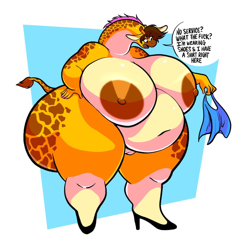 anthro areola belly big_belly big_breasts big_butt breasts brown_areola brown_hair brown_nipples butt clothing female footwear hair high_heels holding_clothing holding_object holding_shirt holding_topwear horn huge_breasts huge_butt huge_hips huge_thighs hyper hyper_butt hyper_hips navel nipples nude obese obese_anthro obese_female open_mouth ossicone overweight overweight_anthro overweight_female profanity question_mark shirt shoes solo speech_bubble text thick_thighs topwear wide_hips twistcmyk kubwa_kalua giraffe giraffid mammal absurd_res english_text hi_res