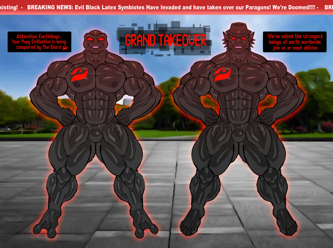 alien_abduction anthro arms_at_sides ball_bulge biceps black_body bulge chest_markings clothing corruption duo fedora glistening glistening_body glowing glowing_body grin grinning_at_viewer hat headgear headwear heroic_pose hypnosis implied_hypnosis latex latex_clothing latex_skinsuit letter male male/male markings mind_control multicolored_body muscular muscular_anthro muscular_male muscular_thighs news news_report nipples no_pupils null null_bulge pecs photo_background red_eyes red_tattoo skinsuit smile smiling_at_viewer speech_bubble striated_muscles superhero symbol takeover tattoo teeth_showing text tight_clothing tiburalgo tiburalgo_(character) amphibian animal_humanoid bat fish fish_humanoid frog humanoid hybrid mammal marine marine_humanoid shark_humanoid english_text photography_(artwork)