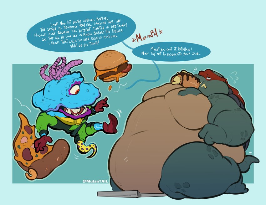 anthro balance belly belly_rolls big_belly big_cheeks burger chubby_cheeks dessert duo eating fat_rolls feeding food male obese obese_male overeating overweight overweight_anthro overweight_male pizza speech_bubble mutantail teenage_mutant_ninja_turtles teenage_mutant_ninja_turtles_(2012) raphael_(tmnt) wyrm_(tmnt) monster reptile scalie turtle absurd_res hi_res