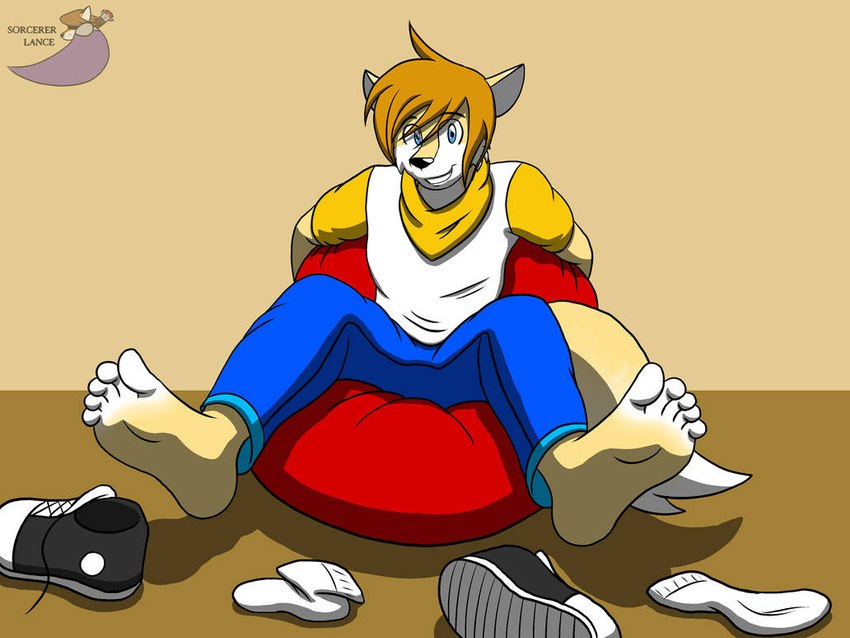 anthro arms_behind barefoot bottomwear clothing feet foot_fetish foot_focus hands_behind_back humanoid_feet looking_at_viewer male male_feet mostly_clothed pants plantigrade scarf shoes_removed sitting sitting_on_bean_bag socks_removed soles solo sorcererlance canid canine fox mammal 4:3