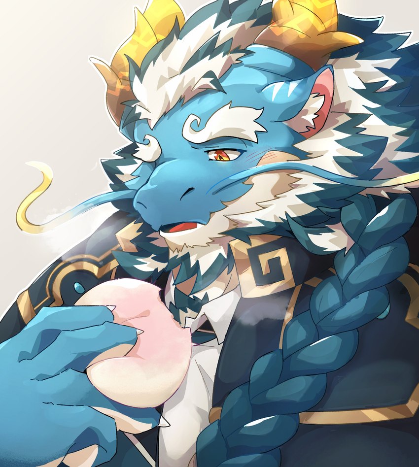 anthro blue_body braided_hair braided_ponytail eating facial_hair food fruit hair male mature_male meat_bun overweight peach_(fruit) plant ponytail solo white_hair yellow_eyes boar_stag144 lifewonders mythology tokyo_afterschool_summoners qinglong_(tas) dragon mythological_creature mythological_scalie scalie 2024 absurd_res hi_res