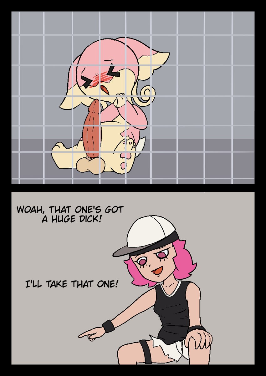 animal_shelter anthro balls big_penis blush buying cage clothing crouching duo embarrassed erection eyes_closed female genitals hair hat headgear headwear huge_penis long_penis male pawpads penis phone_drawing pink_hair small_but_hung text thick_penis happy_harvey nintendo pokemon audino generation_5_pokemon human mammal pokemon_(species) english_text hi_res