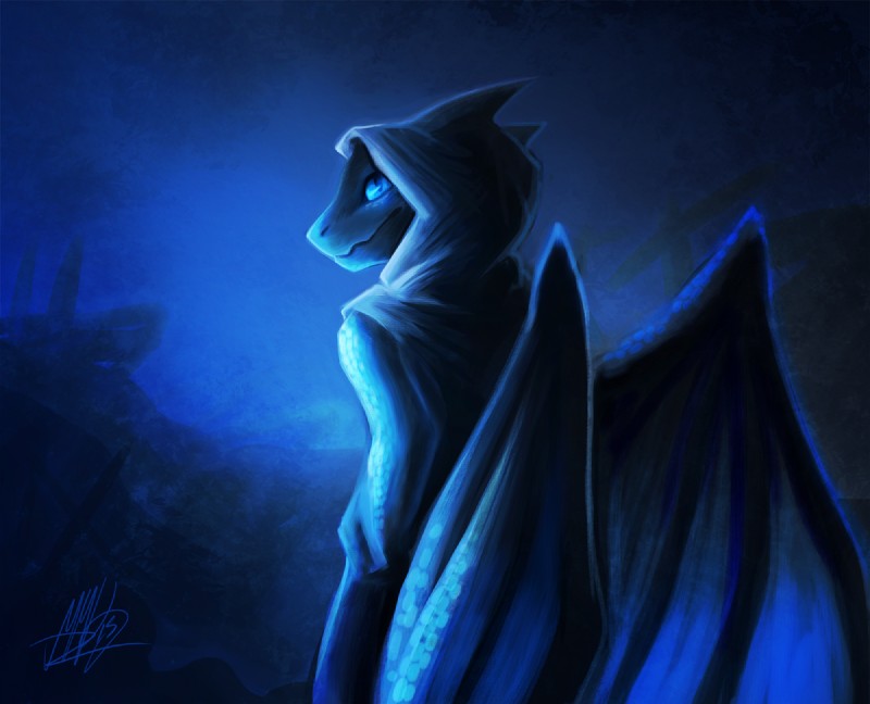 ambiguous_gender anthro blue_eyes clothed clothing hood looking_back membrane_(anatomy) membranous_wings simple_background smile solo wings neotheta mythology theo_(neotheta) dragon mythological_creature mythological_scalie scalie 2015 black_and_blue monochrome signature