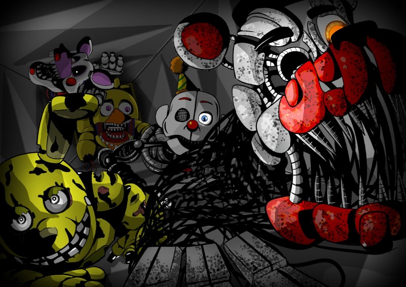 anthro clothing creepy eyebrows group hat headgear headwear machine male open_mouth sharp_teeth simple_background teeth shu_20625 five_nights_at_freddy's five_nights_at_freddy's_2 five_nights_at_freddy's_3 freddy_fazbear's_pizzeria_simulator scottgames sister_location ennard_(fnafsl) mangle_(fnaf) molten_freddy_(fnaf) springtrap_(fnaf) withered_chica_(fnaf) animatronic avian bear bird canid canine chicken fox galliform gallus_(genus) humanoid lagomorph leporid mammal phasianid rabbit robot 2018 digital_media_(artwork) hi_res