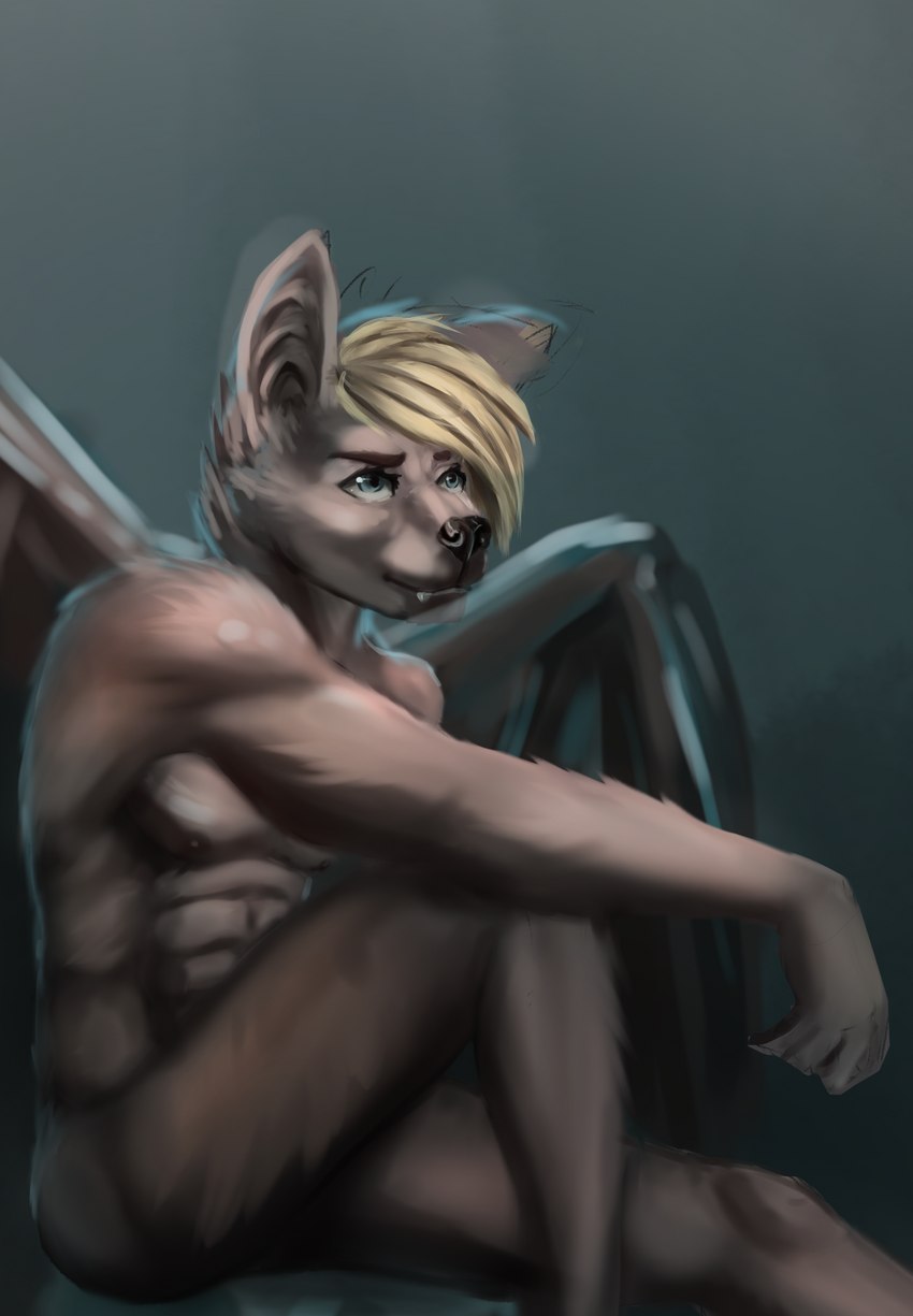 abs anthro arm_on_leg bat_wings blonde_hair blue_eyes brown_body brown_eyebrows brown_fur brown_nipples eyebrows fur hair looking_aside male membrane_(anatomy) membranous_wings nipples pecs sitting solo wings manebaloart bat mammal hi_res