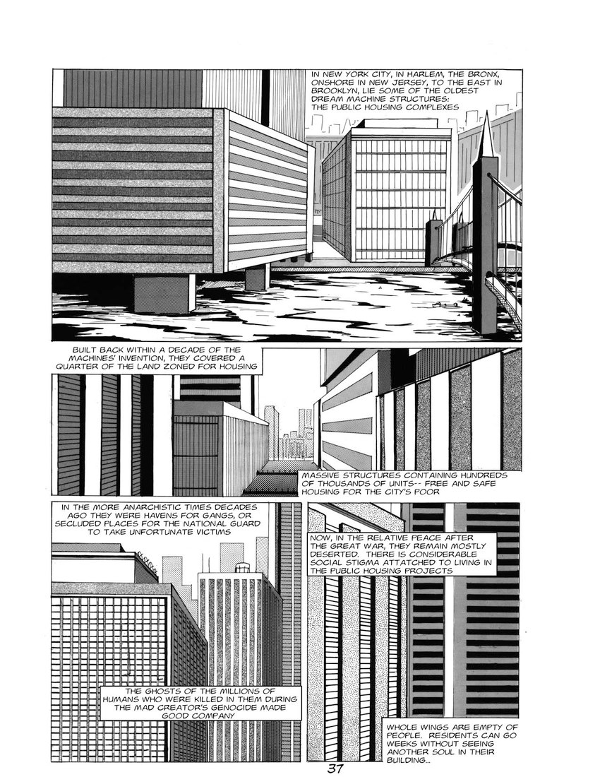 apartment_building bridge building city city_background city_skyline cityscape future new_york new_york_city outside river science_fiction skyscraper story_in_picture suspension_bridge text text_box zero_pictured roz_gibson 1989 2021 black_and_white comic english_text hi_res monochrome