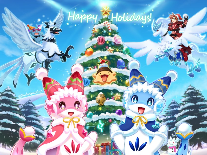 ambiguous_gender anthro blue_body blue_fur blue_markings christmas_clothing christmas_headwear christmas_present claws clothed clothed_feral clothing day female feral flying fur gift group headgear headwear holidays markings open_mouth outside pink_body pink_fur pink_markings plant riding sky snow snowman tree wings winter unknown_artist christmas palworld pocketpair pal_tamer chillet chillet_ignis depresso frostallion gumoss human mammal pal_(species) shadowbeak hi_res official_art