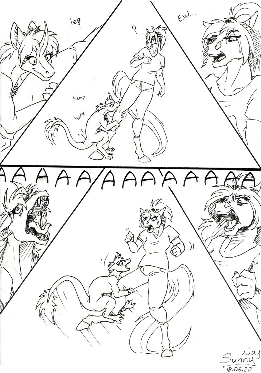 anthro duo equis_universe ew female feral humor hump kirinaes leg_humping open_mouth screaming simple_background text white_background sunny_way sunny_way_(character) equid equine horse ki'rinaes mammal comic digital_media_(artwork) english_text hi_res