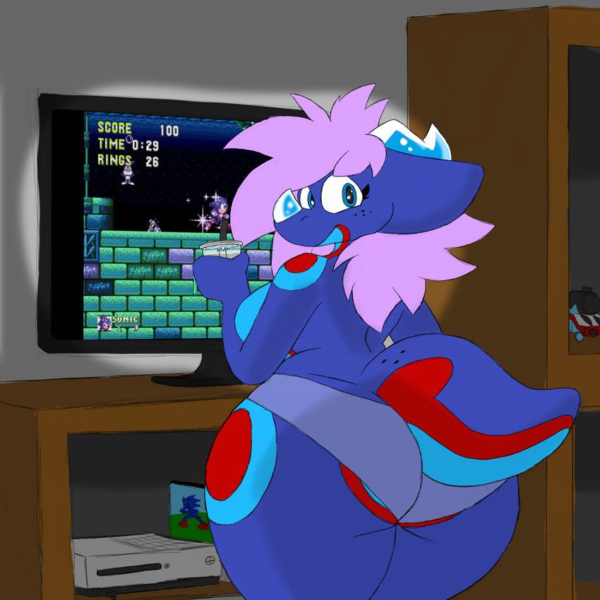 anthro beverage big_breasts big_butt breasts butt clothing female gaming hair holding_beverage holding_object horn looking_at_viewer panties playing_video_game smile solo tail thick_thighs underwear wide_hips rustyfoxdraws mythology sega sonic_the_hedgehog_(series) akira_(rustyfoxdraws) sonic_the_hedgehog dragon eulipotyphlan hedgehog kobold lagomorph leporid mammal mythological_creature mythological_scalie rabbit scalie 1:1 absurd_res hi_res