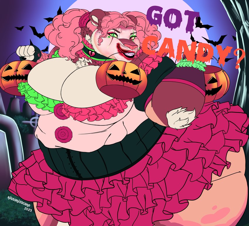 alternative_fashion anthro belly big_belly big_breasts bottomwear breasts brown_body brown_fur clothed clothing clown costume dancewear detailed_background dress female food fruit fur hair holidays lips makeup obese obese_anthro obese_female overweight overweight_anthro overweight_female pigtails pink_body pink_fur pink_hair pink_nose plant powder_puff_tutu pumpkin skirt smile solo text thick_lips thick_thighs topwear trick-or-treating tutu white_body white_fur wide_hips lionberrymochi halloween rin_kumoshiko bat felid feline lion mammal pantherine absurd_res hi_res