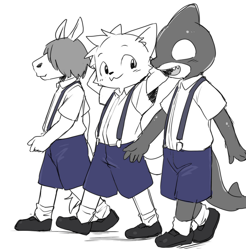 anthro clothing group male open_mouth simple_background smile standing trio white_background young young_anthro young_male manmosu_marimo shota_equine_(marimo) shota_orca_(marimo) yellow_shota_feline_(marimo) asinus cetacean dolphin domestic_cat donkey equid equine felid feline felis mammal marine oceanic_dolphin orca toothed_whale 2020