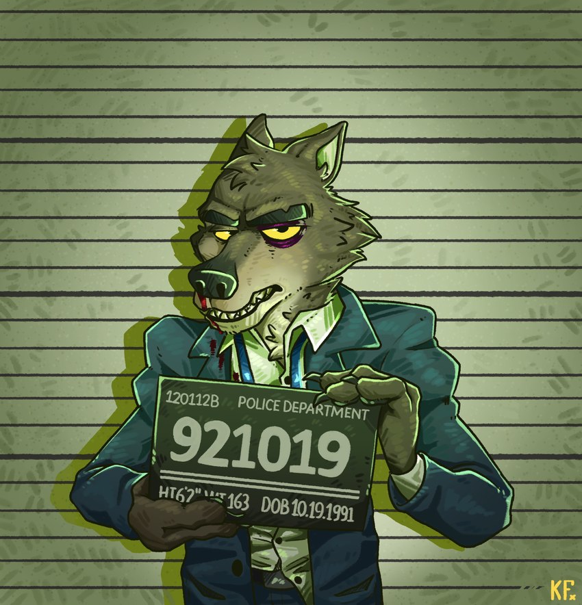 anthro beaten beating blood bodily_fluids bruised_eye clothing fur holding_object holding_sign imperial_unit jail_placard lidded_eyes looking_at_viewer male male_anthro measurements nosebleed number numbered_tag placard police_lineup scene_interpretation sign solo station suit teeth text unit katxfish dreamworks the_bad_guys mr._wolf_(the_bad_guys) canid canine canis mammal wolf 2021 absurd_res english_text hi_res