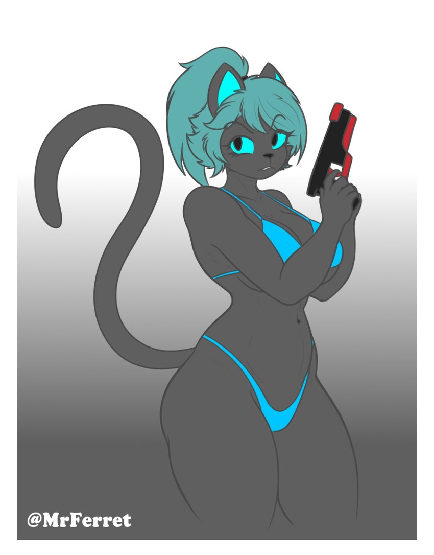 anthro bikini black_body black_fur blue_eyes blue_hair breasts clothing female fur gun hair ponytail ranged_weapon solo swimwear two-piece_swimsuit weapon mrferret at'harka_(jackwolf) felid mammal pantherine