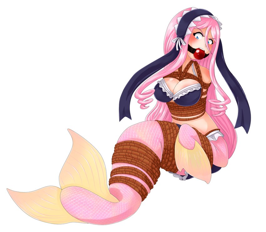 ball_gag bdsm big_breasts blush bondage bound breasts female gag looking_at_viewer monster_girl_(genre) restraints rope rope_bondage solo split_form gagmanzx monster_musume meroune_lorelei_(monster_musume) marine merfolk absurd_res hi_res